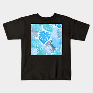 Blue Monstera Tropical Leaves Kids T-Shirt